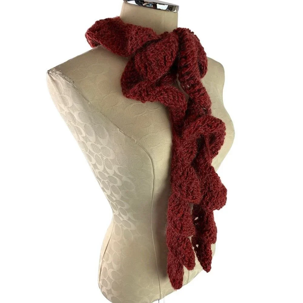 Flounce Crochet‎ Ruffle Scarf Dark Red Fuzzy 57